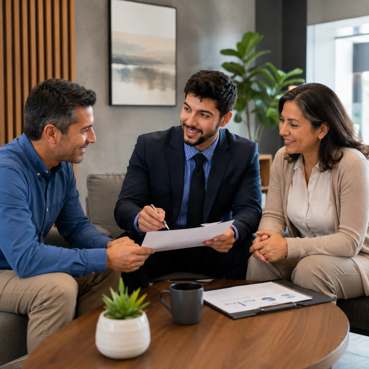 Couple meeting with a professional advisor to discuss financial goals and insurance options