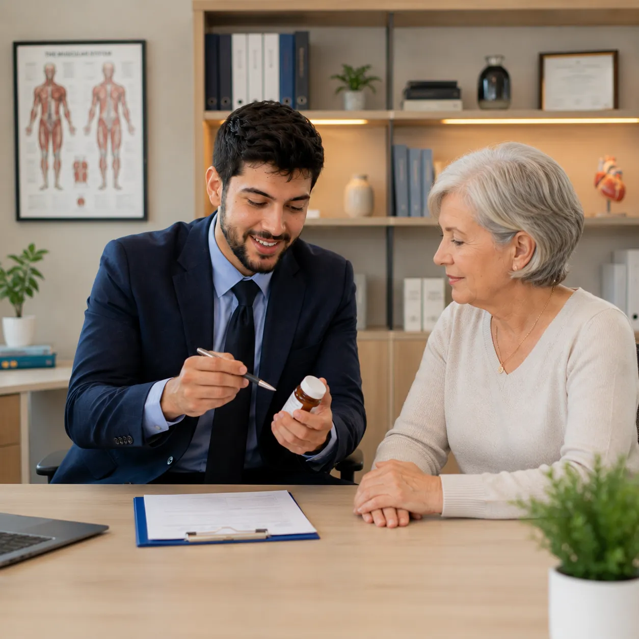 Doctor explaining prescription medication and dosage instructions to a senior patient