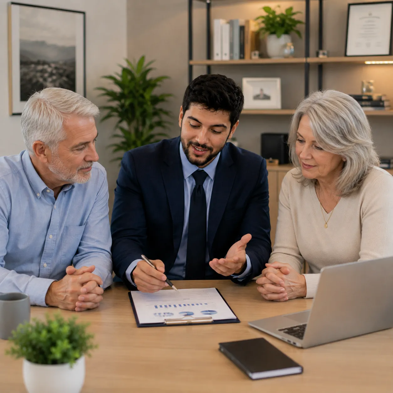 Financial advisor meeting with senior clients to discuss retirement planning and long-term financial goals